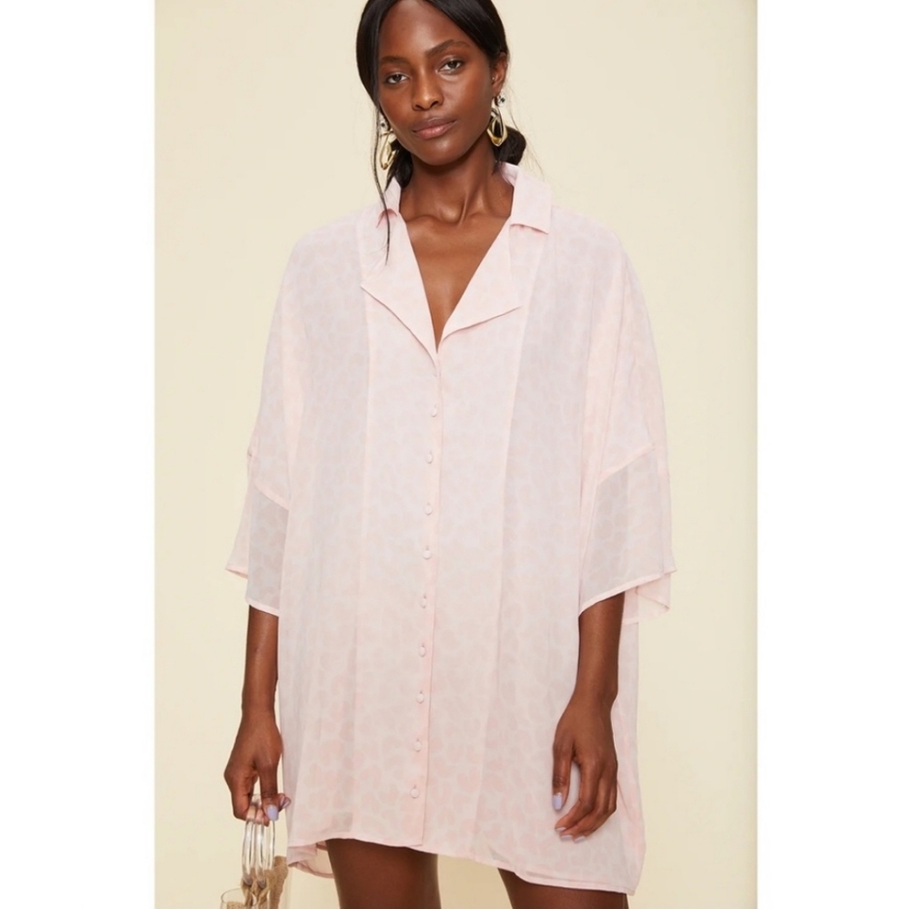 LPA Pink Leopard Print Oversized Button Down Shirt Dress - XS